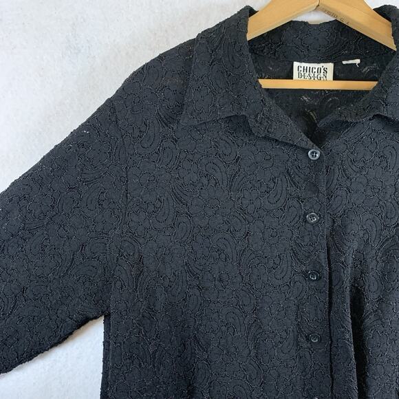 Vintage Chicos Womens Semi Sheer Lace Button Tunic Top Sz XL Dark Romantic Boho - Picture 4 of 12